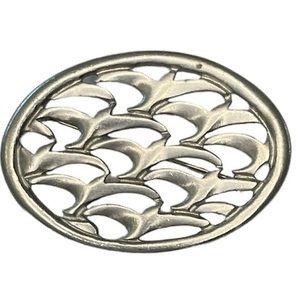 Vintage‎ oval flock of seagulls silver metal brooch/pin signed.